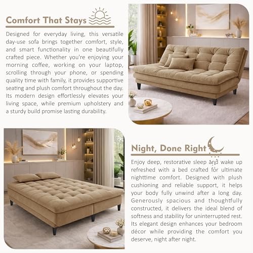 Image of Modern 3 Seater Sofa Cum Bed | Tufted Backrest | Velevt Fabric Upholstery | Living Room Furniture-Golden