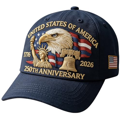 250 Anniversary USA Hat, 100% Embroidered - United States 250th Anniversary Adjustable Baseball Cap with Eagle & Flag Design for Patriotic Americans Navy