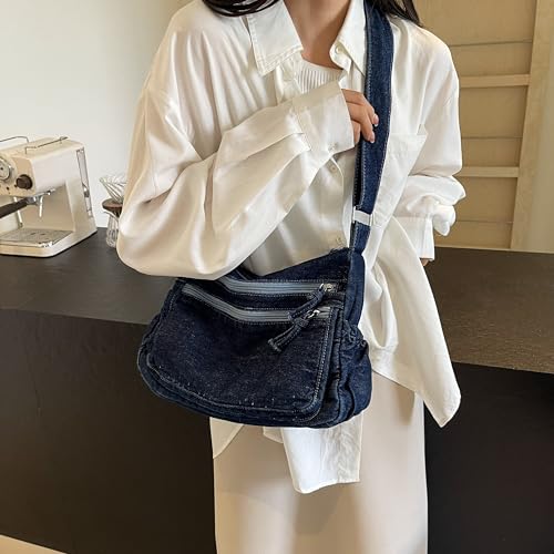 Image of Large Denim Purses for Women Denim Tote Bag Casual Retro Crossbody Lightweight Shoulder Bag Canvas Handbags