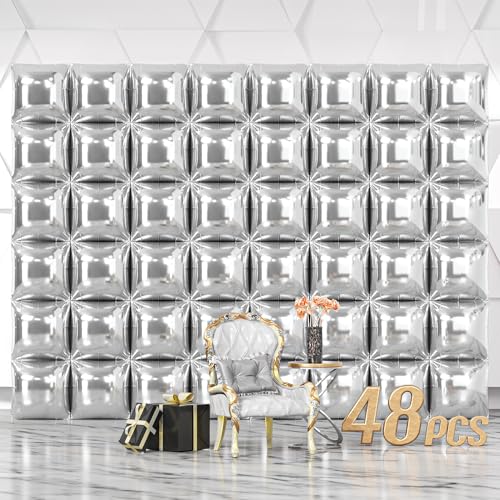 NISOCY 48PCS Metallic Silver Square Foil Balloons Wall Backdrop Chrome Silver Balloons Tunnel Garland Arch Kit for New Year Anniversary Bachelorette Birthday Engagement Bridal Shower Party Decorations