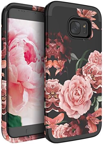 RabeMall Samsung Galaxy S7 Edge Case Unique Pretty Flowers for Girls/Women Anti-Fingerprint Three Layer High Impact Resistant Hybrid Shockproof Protective Cover,Floral Black