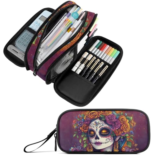Image of Fustylead Day Of The Dead Catrina with Roses Pencil Pen Case Stationery Bag 3 Compartments School College Office Organizer Cosmetics Bag