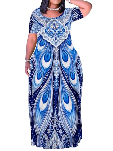 Image of PinkPatty Plus Size Maxi Dress for Curvy Women Crew Neck Long Sleeves Casual Dress Vacation Sundresses with Pockets