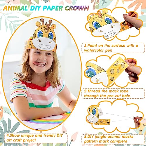 Image of HESTYA 40 Pcs Animal DIY Headbands Jungle Safari Party Crowns with Watercolor Pens Jungle Animal Party Headbands Animal Coloring Crowns Safari Animal Party Hats for Kid Students Craft Costume Cosplay