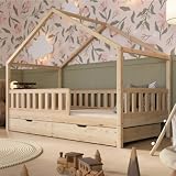 Crazy Pine Letto Casetta con Cassetti 200x90 cm – Legno Naturale con Barriera – Letto Montessori a Pavimento con Piedini Regolabili in Altezza - Crazy House