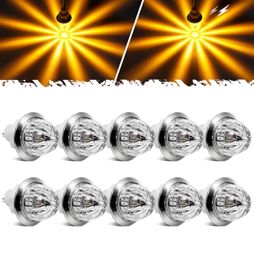Partsam 10 Pcs 3/4 inch LED Amber Watermelon Side Marker Dual Function Strobe + Marker Lights Clear Lens Clearance Tail Signal Warning Light for Trailer Truck RV