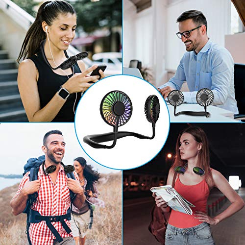 Hand Free Mini USB Personal Fan - Rechargeable Portable Headphone Design Wearable Neckband Fan,3 Level Air Flow,7 LED Lights,360 Degree Free Rotation Perfect for Sports,Office and Outdoor (black2)