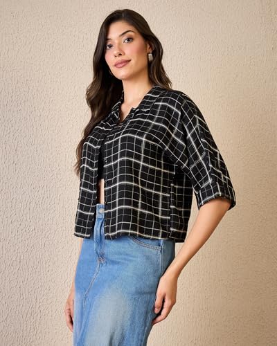 Image of Chimpaaanzee Women Checks Half Sleeve Crop Shirt