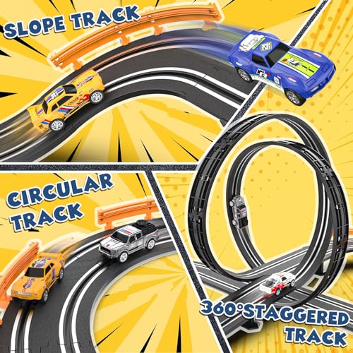 Image of Slot Car Race Track Sets with 4 Slot Cars, Electric Race Car Track Include Slope Circular Overpass Track, Dual Racing Game Featuring Flash Bridge and Pendulum, Gifts Toys for Boys Kids Age 6 7 8-12