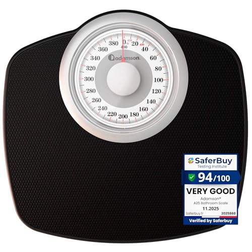 Adamson A25 Scales for Body Weight - Up to 400 LB - New Version - 5.3' Dial on 12.4' x 10.2' Platform - Anti-Skid Rubber Surface - High Precision Bathroom Scale Analog - Durable with 20-Year Assurance