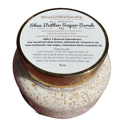 Shea Butter Sugar Scrub, 2-in-1 Full Body Exfoliatant and Moisturizer, for Dry Sensitive skin, 5 Simple ingredients for full body Nourishment, Nontoxic