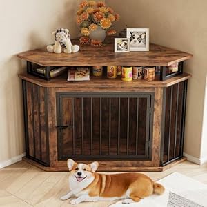 IRONCK 44″ Corner Dog Crate with 2-Tier Shelves, Wooden Dog Kennel Furniture, Dog Kennel Indoor Furniture for Small and Medium Dogs, Rustic Brown (23.6″ L x 43.3″ W x 32.3″ H)