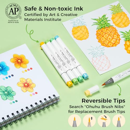 Image of Ohuhu Alcohol Markers Brush Tip -Double Tipped Art Marker Set for Artist Adults Coloring Illustration - 120 Colors- Brush & Chisel Dual Tips- Honolulu 2 of Ohuhu Markers- Refillable Alcohol-based Ink