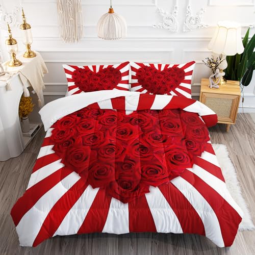 Image of AILONEN Red Rose Comforter Set Queen Size, 3D Rose Hearts Printed Bedding Set, 3 Pieces Modern Valentine Comforter Set