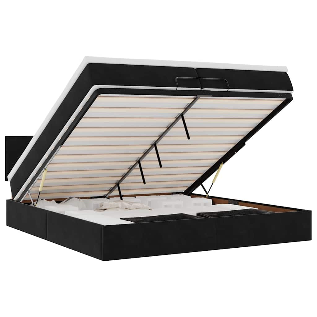 Cama otomana de 200 x 200 cm, terciopelo negro con colchones, almacenamiento hidráulico, cabecero regulable en altura