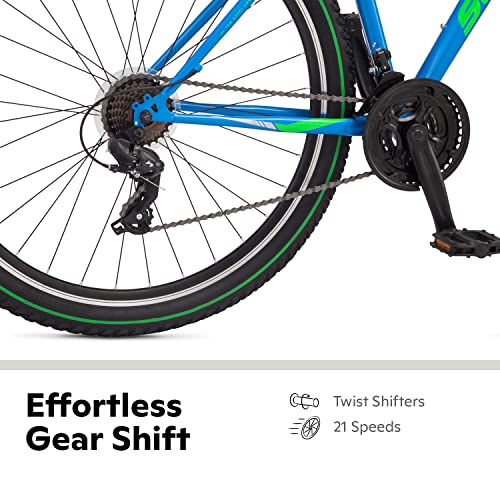 Image of Schwinn High Timber Mountain Bike for Adult Men Women, 29-Inch Wheels, 21-Speeds, Front Suspension, Steel Frame and Alloy Linear Pull Brakes, Blue /Green