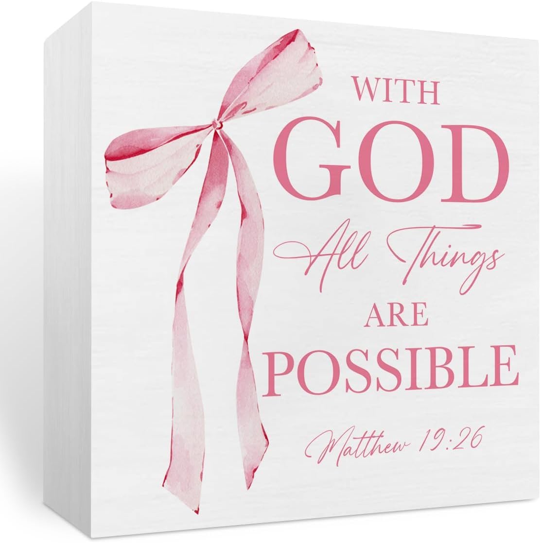 5x5 Inch Wooden Box Sign Pink Bow Bible Verse Farmhouse Decor
