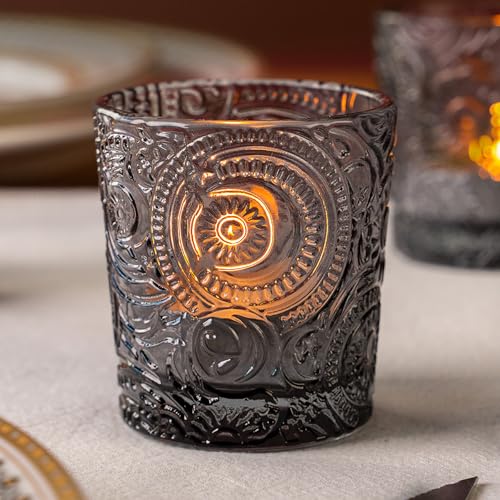 6 Pack Sun Moon Star Embossed Glass Tea Light Candle Holders - Votive Candle Holders for Wedding, Party, Home Decor, and Table Centerpieces (Gray)