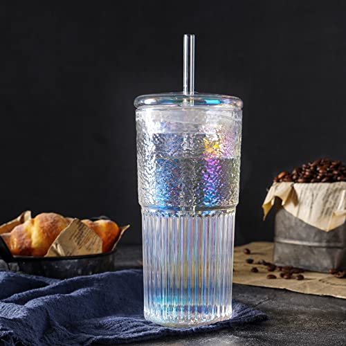 Cosnou High Borosilicate Glass Cups With Lids And Glass Straws，20 Oz Rainbow Iced Coffee Water Tumbler Smoothie #TOP4