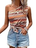 SOLY HUX Women's Striped Tribal Print One Shoulder Tank Tops Tie Side Sleeveless Summer Y2K Crop Top Orange Striped L