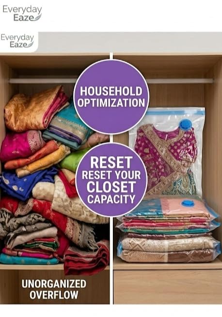Image of Heavy Duty 5 Pack Vacuum Storage Bags with Hand Pump(2 Medium, 2 Large,1 Jumbo) Space Saving Bags for Clothes Blankets, Quilt, Sarees and Travel. Reusable Airtight Compression Storage Bags.