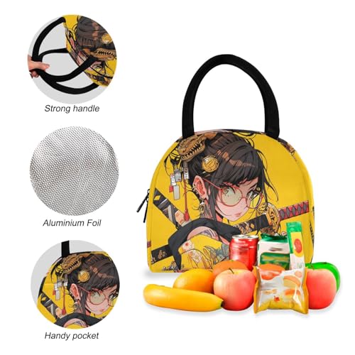 Backpack Lunch Bag Set Yellow Samurai Print, Big Storage Travel Backpacks with Insulated Lunch Box for Office Hiking Picnic4