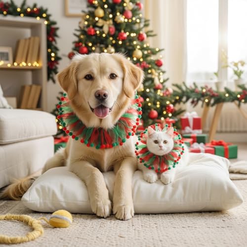 Weihnachten Halsband Hund Katze Elastische Weihnachts Hundehalsband mit Rot Grünem Design Verstellbare Haustierhalsband Kostüm Zubehör für Hund Katze Welpen Kätzchen (S)