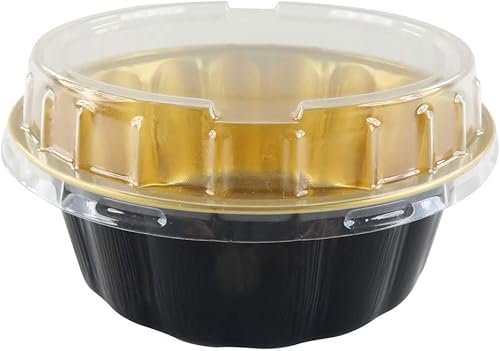 KitchenDance - Moldes desechables de papel de aluminio de colores con tapas, molde redondo de aluminio de 8 onzas para hornear, perfecto para