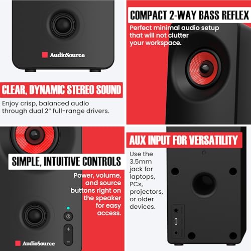 Image of Audiosource Desktop PC Speakers with Bluetooth 5.3, USB-C Plug & Play, 2.0 Stereo Computer Speakers with Dual 2 inch Drivers, Compact Design, AUX Input, LED Indicator (Black)