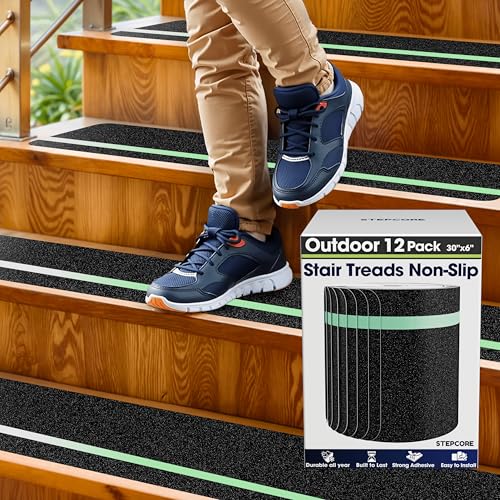 Outdoor Stair Treads Non Slip – 30' x 6' – 12-Pack Glow in The Dark Waterproof 80-Grit Grip Strips for Wooden Steps – Anti Slip & Anti Skid Step Treads – by STEPCORE