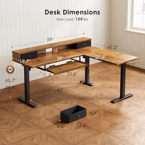 Image of OffiGo 59 Inch L Shaped Electric Standing Desk with Drawers, Rustic Brown
