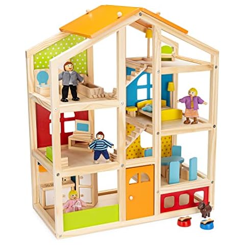 PIDOKO KIDS Skylar Wooden Dollhouse - Includes 20 Pcs Furniture Accessories, 5 Family Dolls and a Pet Dog - Wood Doll House for 3 4-5 Year Old Girls & Boys Cover