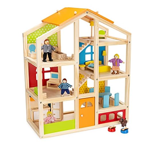 PIDOKO KIDS Skylar Wooden Dollhouse - Includes 20 Pcs Furniture Accessories, 5 Family Dolls and a Pet Dog - Wood Doll House for 3 4-5 Year Old Girls & Boys
