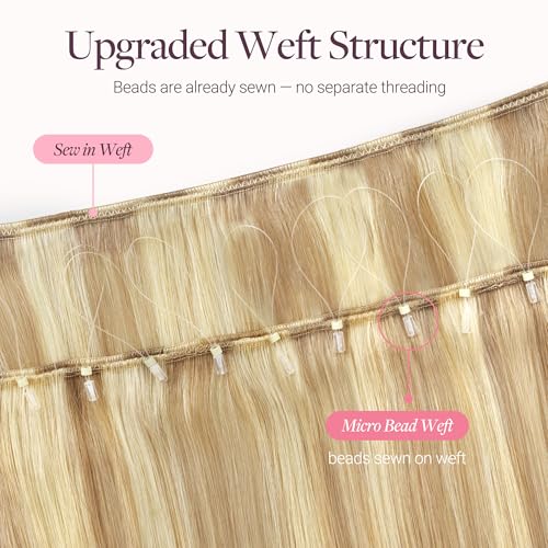Image of GOO GOO Sew in Hair Extensions Real Human Hair, Micro Beaded Weft Hair Extensions Human Hair, 16 /22 Light Blonde Highlights Golden Blonde 18 Inch 100g, Pre-attached Beads, Natural Volume