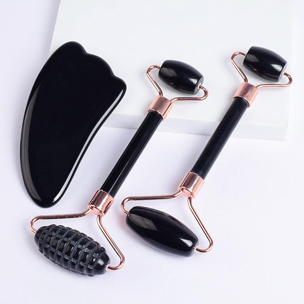 gua sha viso Rullo di Guasha di Guasha di Guasha Set di Guasha Natural Black Obsidian Crystal Stone-rullo di segale