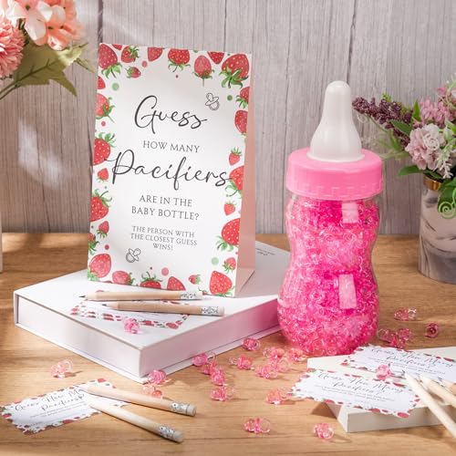 Image of Roowest 512 Pcs Baby Shower Games Guess How Many Pacifiers Sign 100 Small Guessing Games 10 HB Pencils 750ml Milk Bottle 400 Acrylic Pacifiers Decoration for Guest Gender Reveal (Pink,Strawberry)
