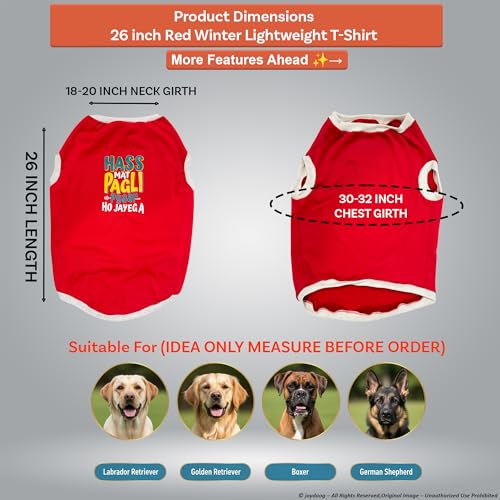 Image of JoyDaog Cozy Dog Winter Coat Red Color 26 Inch(3XL)- inchHASS Mat Pagli Pyaar Ho Jayega inch Printed Soft Trendy Apparel for XL Dogs | Indoor & Outdoor