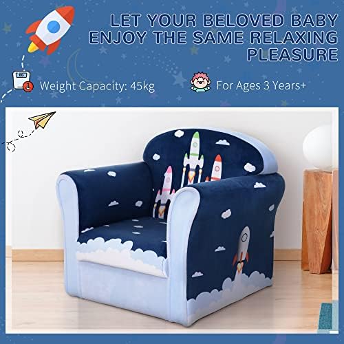 HOMCOM Children's Armchair Flannel Kids Sofa Tub Chair Cartoon Rocket Pattern Wooden Frame Bedroom Playroom Seater Blue