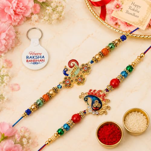 Image of Riddhika Ventures Ravishing Gold Plated Meenakari Peacock and Krishna Rakhi Bracelet (Set of 2) with Roli Chawal and Greeting Card || Raksha Bandhan Traditional Festive Gift (Rakhi With Keychain K6K8K)