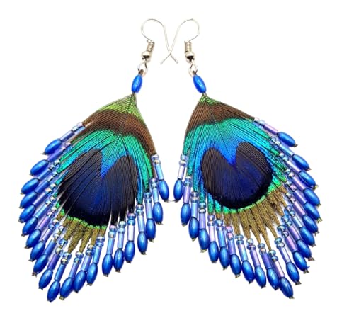Iridescent Peacock Feather Earrings, Hand Beaded Blue Color Beads Peacock Earrings for Women, Handmade Dangle Drop Feather Earrings Fashion Jewelry DA138-A