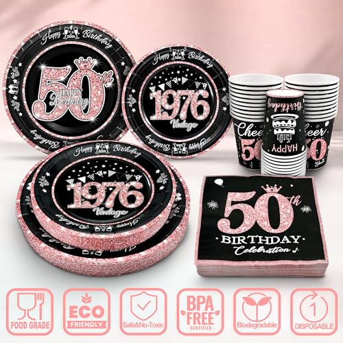 Image of 50th Birthday Decorations Rose Gold, Service for 30, Vintage 50th Birthday Party Supplies Includes Rose Gold 1976 Plates, Napkins,Cups, Plates and Napkins for Women