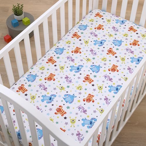 Image of Disney Monsters Inc. Blue, Green, Orange and White, Sully and Mike Super Soft Nursery Fitted Mini Crib Sheet
