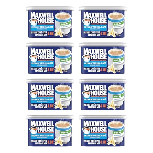 Maxwell House Instant Cafe-Style Beverage Mix, Decaf and Sugar Free, Easy to Prepare, 1 Canister, for Quick Morning Coffee or Afternoon Treat, French Vanilla Cafe, Kosher Dairy, 4.3 oz (Pack of 8)