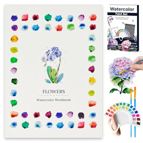 Watercolor Workbook, Water Coloring Book with 13 Pages 300GSM Paper, 26 Colors Watercolor Paint Set with Brush & Storage Bag, Beginner-Friendly Coloring Book for Adults - Flowers Theme Art Kit