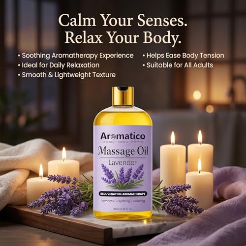 Image of AROMATICO Lavender Relaxing Massage Oil - Body Massage Oil with Almond, Jojoba & Sesame for Stress Relief, Better Sleep & Full Body Care | 300ml