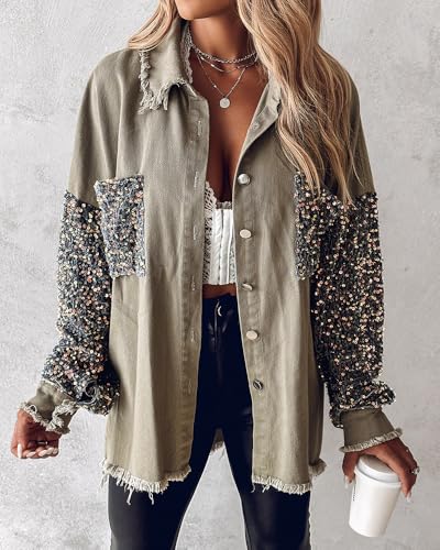 CHICME Womens Denim Jacket 2025 Sequin Patchwork Long Sleeve Jackets Top Button Front Oversized Denim Shacket3