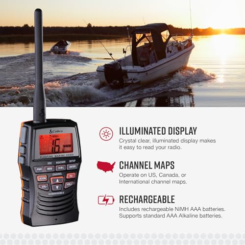 Image of Cobra VHF Marine Radio - MR HH150 FLT - 3 Watt, Floating, Long Range, Handheld, NOAA, International, Waterproof, Submersible, Weather Alerts, LCD Screen, Belt Clip