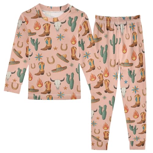 Pajama Sets Long Sleeve Western Skulls Boots Hats Pattern Soft Comfy Sleepwear 2 Piece PJS 3-8T