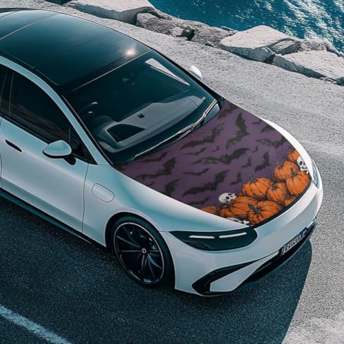 Image of Bat Skull Pumpkin Print Car Hood Cover Easy to Install Fabric Hood Cover Halloween Vehicles Decorate Engine Removable Automotive Accessories Personalized Suitable for Cars(59x39 Inch)