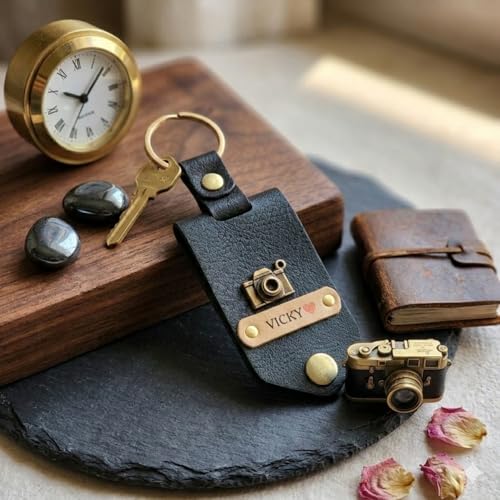 Image of Personalised Leather Keychain with Custom Name & Charm, Unisex, Modern Style, Customisable